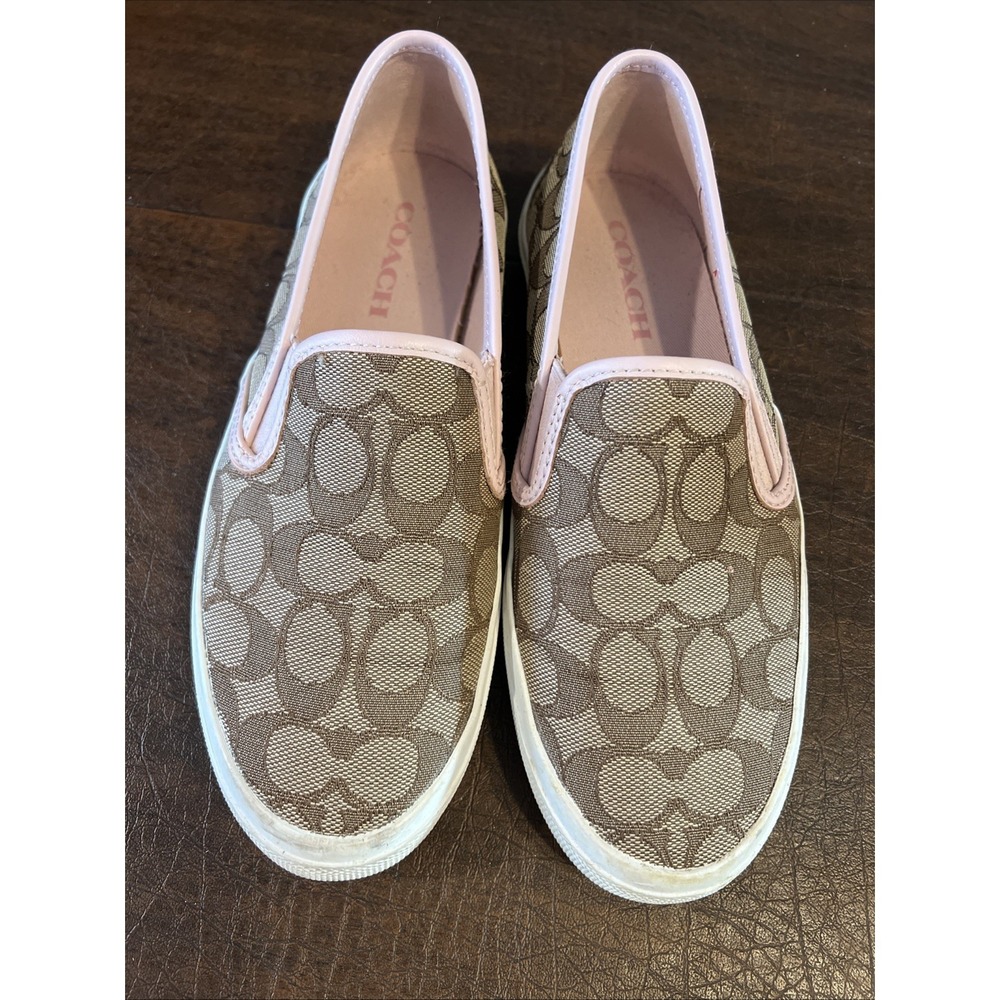 COACH - Chrissy Size 8B Pink/Khaki Outline Signature Slip-On Fashion Sneakers